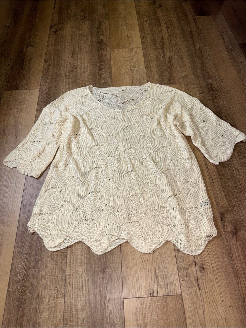 SHEIN Cream Open-Weave Crochet Swim Coverup with Scalloped Edge